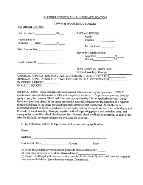 First page of the Alcoholic Beverage License Application