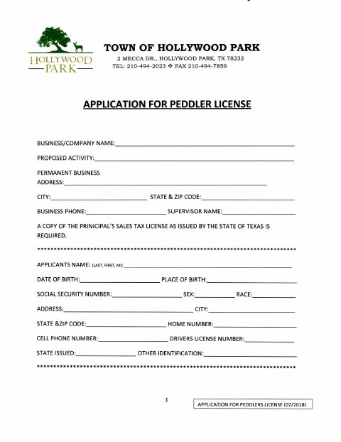 First page of the Peddlers License Application