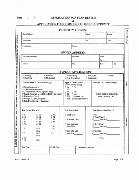 First page of the Application for Plan Review and Commercial Building Permit