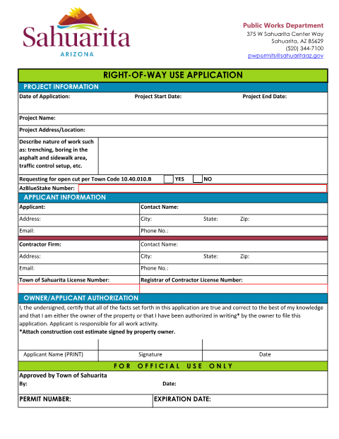 First page of the Right-of-Way Use Application