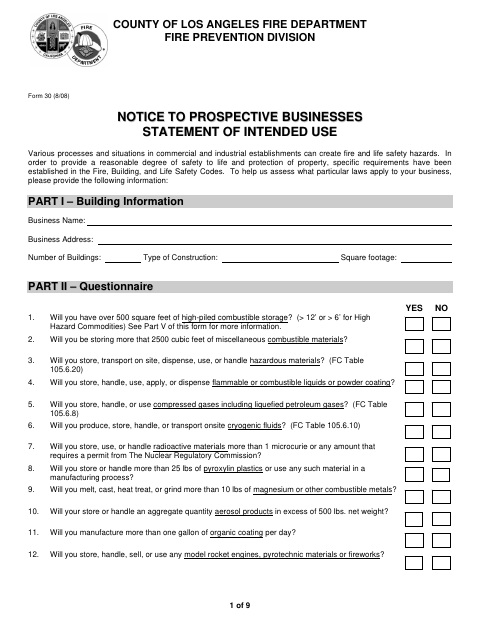 First page of the Notice to Prospective Businesses Statement of Intended Use
