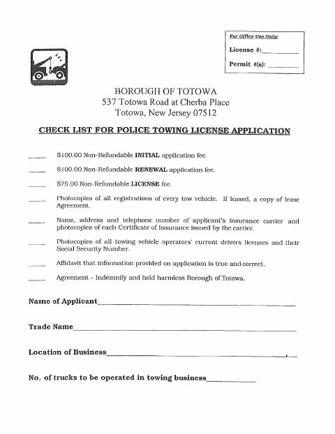 First page of the Police Towing Application Package