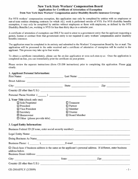 First page of the Workers’ Compensation Exemption Certificate Application