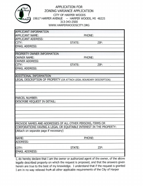 First page of the Zoning Variance Application