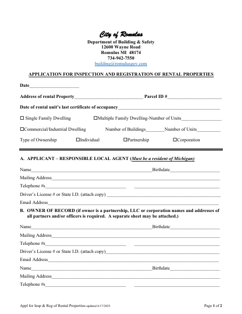 First page of the Application for Inspection and Registration of Rental Properties