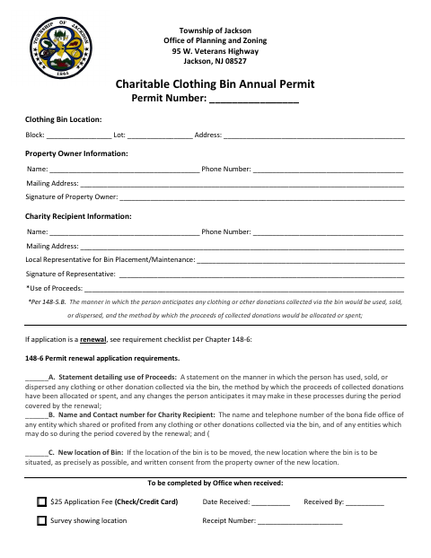 First page of the Charitable Clothing Bin Annual Permit