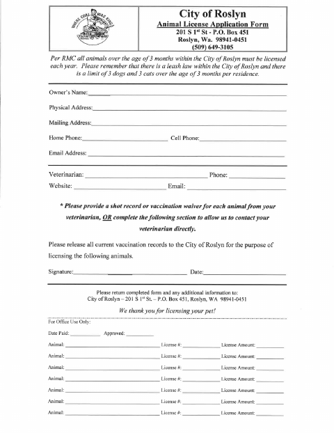 First page of the Animal License Application