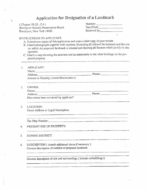 First page of the Application for Designation of a Landmark