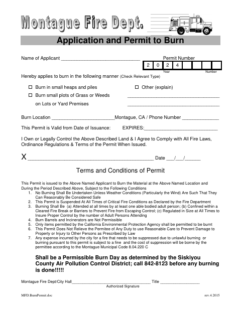First page of the Application and Permit to Burn