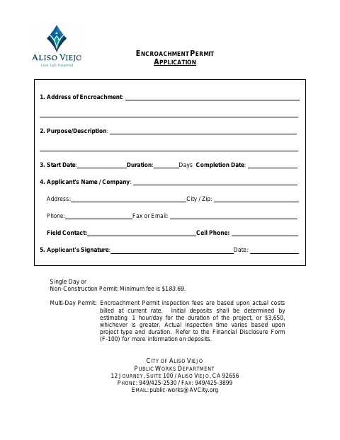 First page of the Encroachment Permit Application