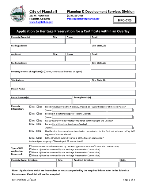 First page of the Application to Heritage Preservation for a Cultural Resource Study
