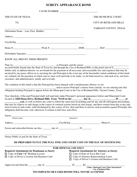 First page of the Surety Appearance Bond