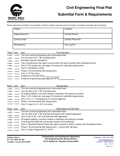 First page of the Civil Engineering Final Plat Submittal Form & Requirements