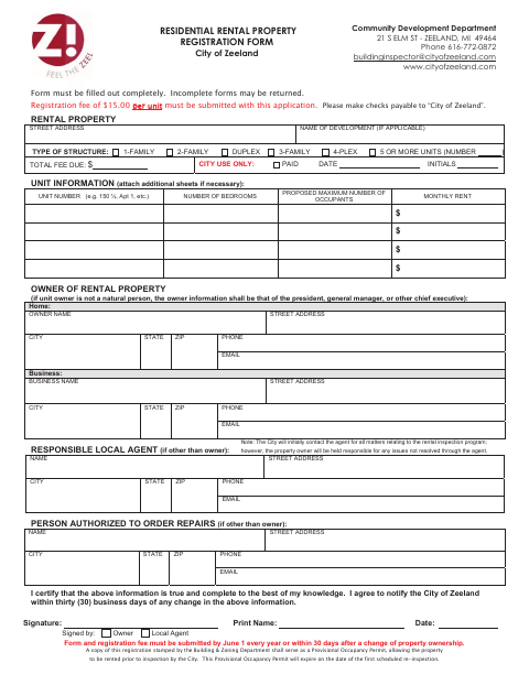 First page of the Residential Rental Property Registration Form