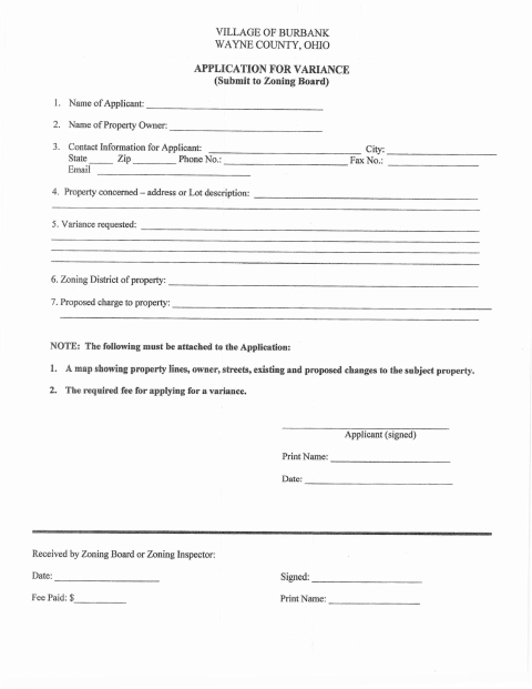 First page of the Application for Variance