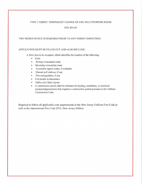 First page of the Temporary Change of Use Multipurpose Room Application