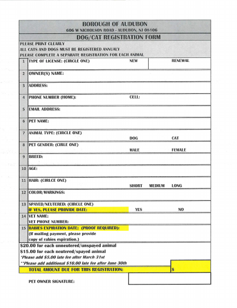First page of the Dog/Cat Registration Form