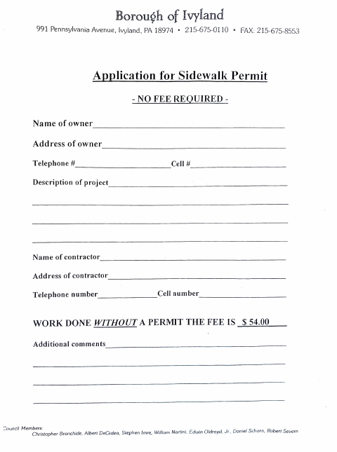 First page of the Application for Sidewalk Permit