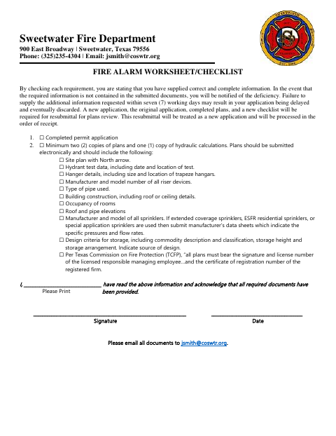 First page of the Fire Alarm Worksheet/Checklist