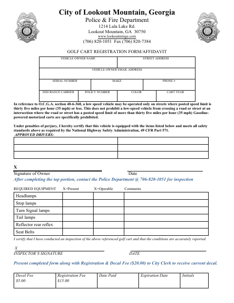 First page of the Golf Cart Registration Form/Affidavit