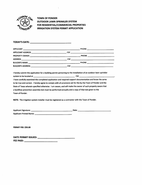 First page of the Irrigation System Permit Application