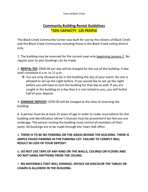 First page of the Community Building Rental Guidelines and Agreement