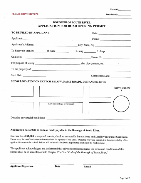First page of the Road Opening Permit Application