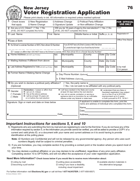 First page of the Voter Registration and Party Affiliation Change Form