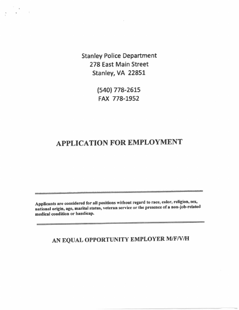 First page of the Police Department Employment Application