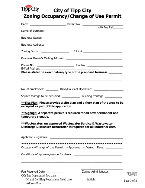 First page of the Zoning Occupancy/Change of Use Permit