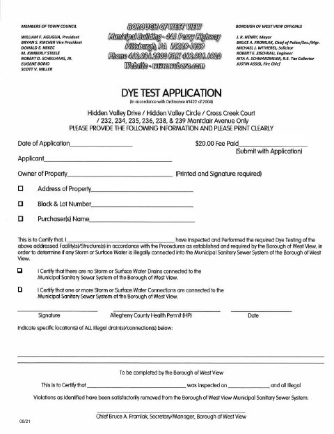 First page of the Dye Test Application