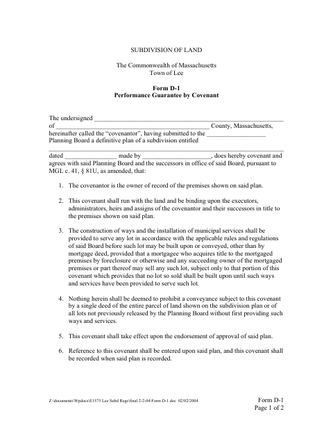 First page of the Subdivision Performance Guarantee by Covenant