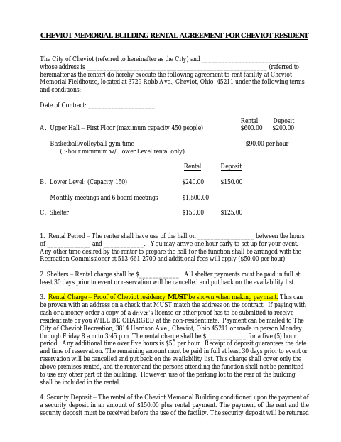 First page of the Memorial Building Rental Agreement for Resident