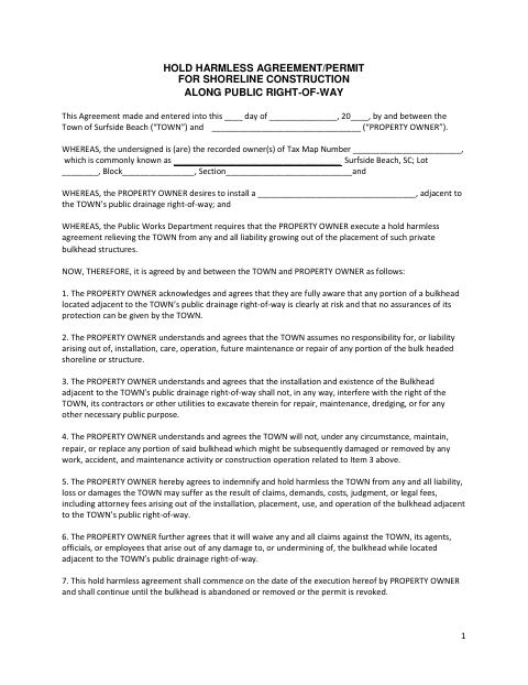 First page of the Hold Harmless Agreement/Permit for Shoreline Construction Along Public Right-of-Way