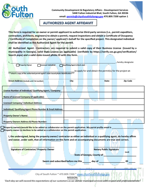 First page of the Authorized Agent Affidavit