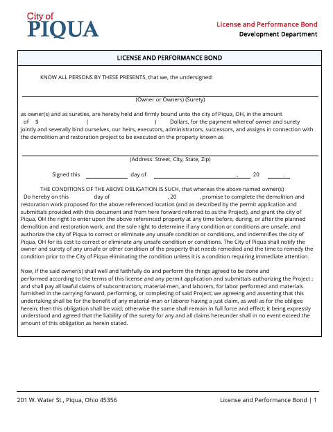 First page of the License and Performance Bond