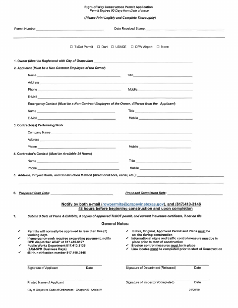 First page of the Right-of-Way Construction Permit Application