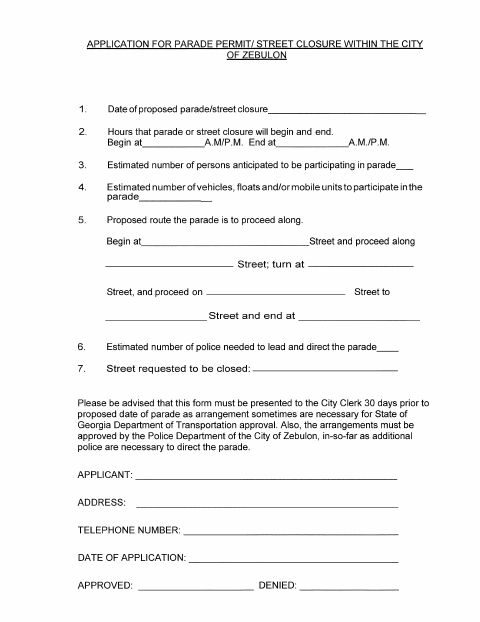 First page of the Parade Permit and Street Closure Application