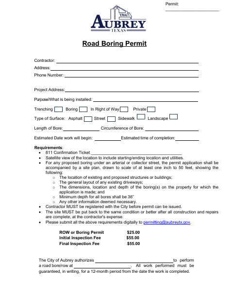 First page of the Road Boring Permit Application