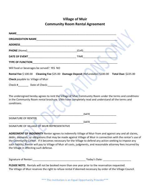 First page of the Community Room Rental Agreement