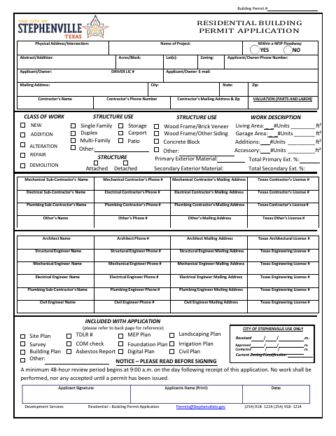 First page of the Residential Building Permit Application