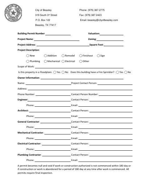 First page of the Building Permit Application