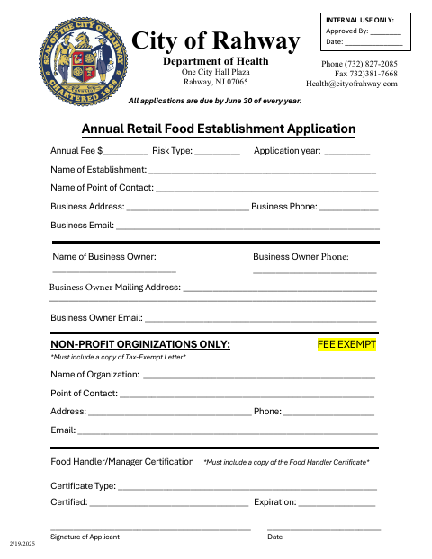 First page of the Annual Retail Food Establishment Application
