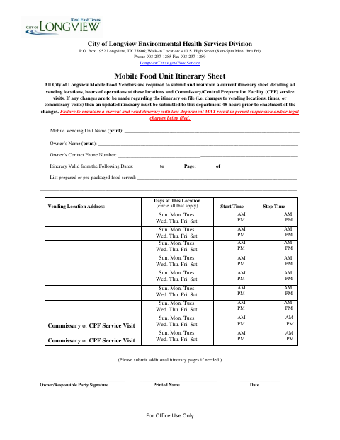 First page of the Mobile Food Unit Itinerary Sheet
