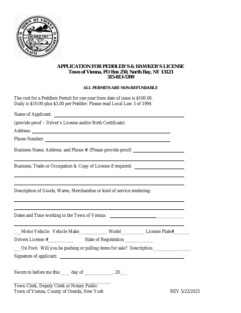 First page of the Peddler’s & Hawker’s License Application