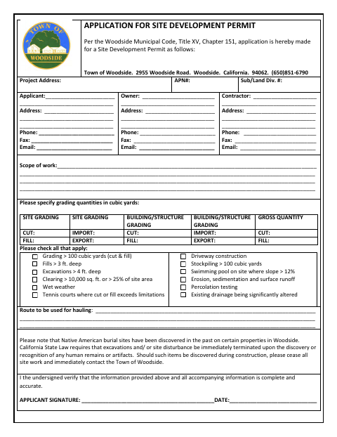 First page of the Application for Site Development Permit