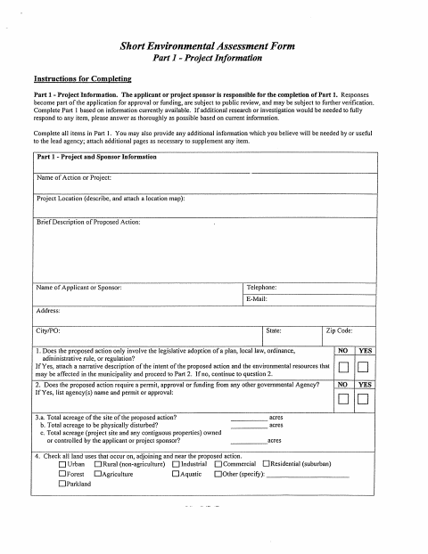 First page of the Short Environmental Assessment Form Part 1