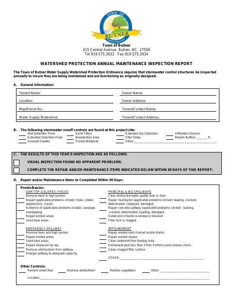 First page of the Watershed Protection Annual Maintenance Inspection Report
