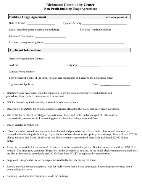 First page of the Community Center Non-Profit Building Usage Agreement