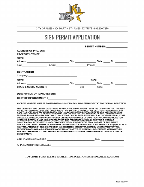 First page of the Sign Permit Application
